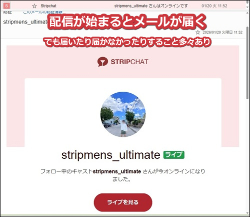 配信が始まるとstripchatから届く通知メール