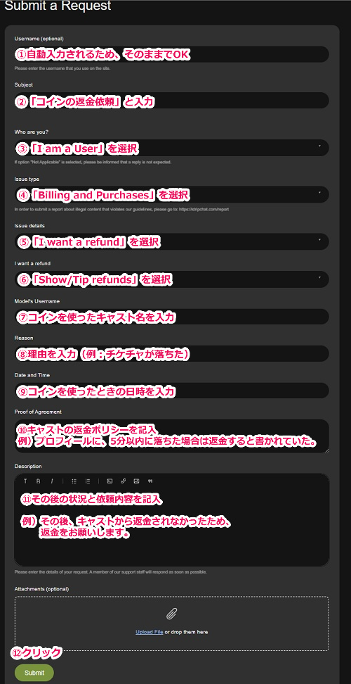stripchatコインの返金問い合わせ内容